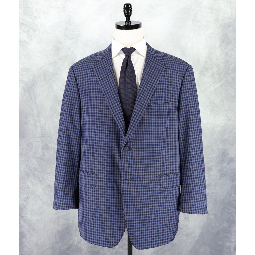 Samuelsohn Sport Coat Mens 48R Super 120s Wool Gingham Plaid Blue Blazer Jacket